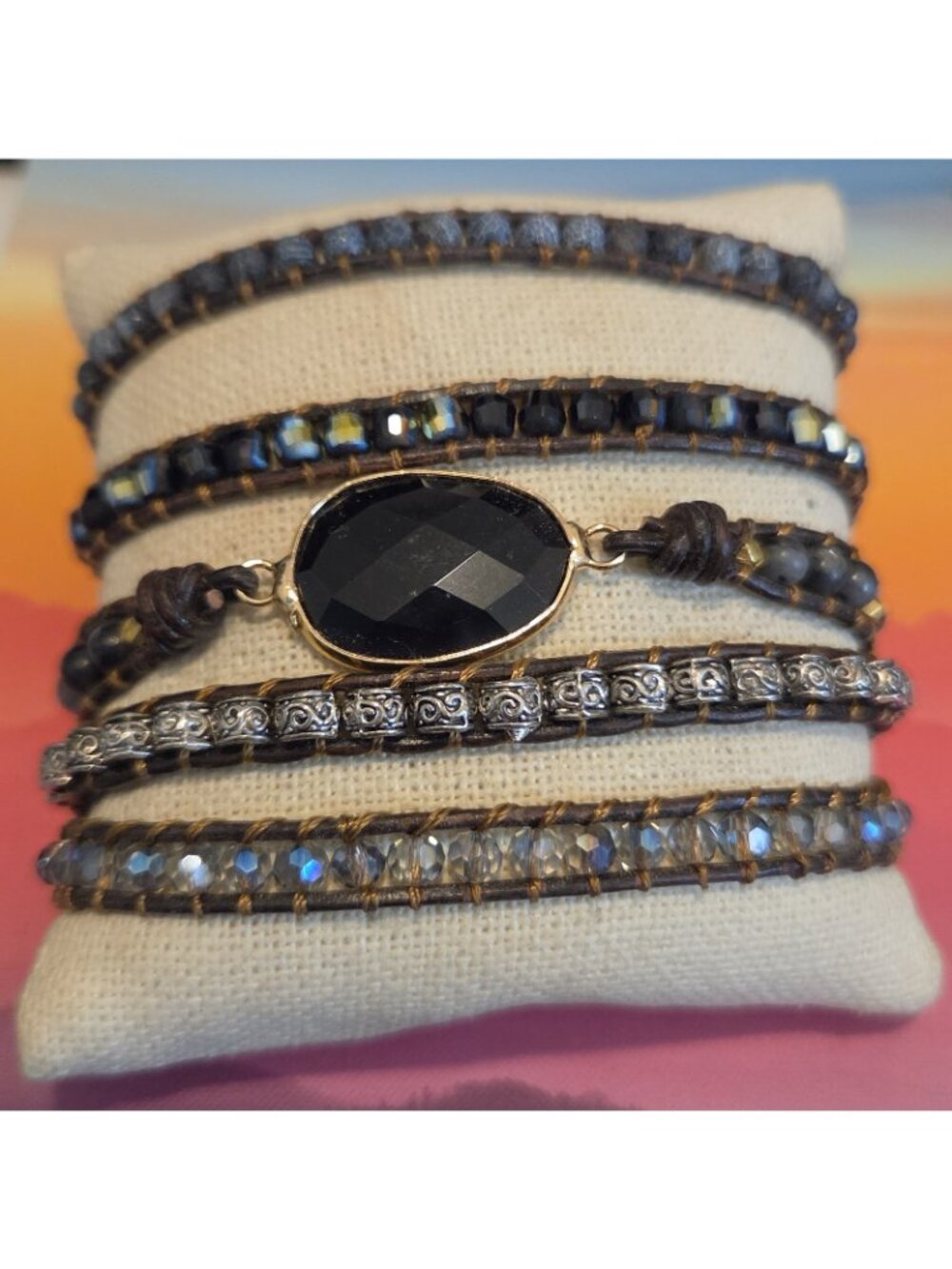 Black Onyx & Blue Sodalite Gemstone Layered Wrap Bracelet